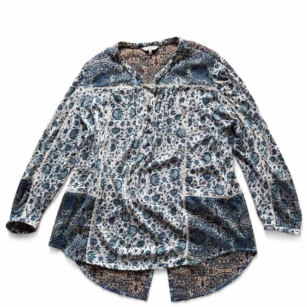 Lucky Brand Women Blue Floral Paisley Chiffon Mix‎ Henley Tunic Blouse Large